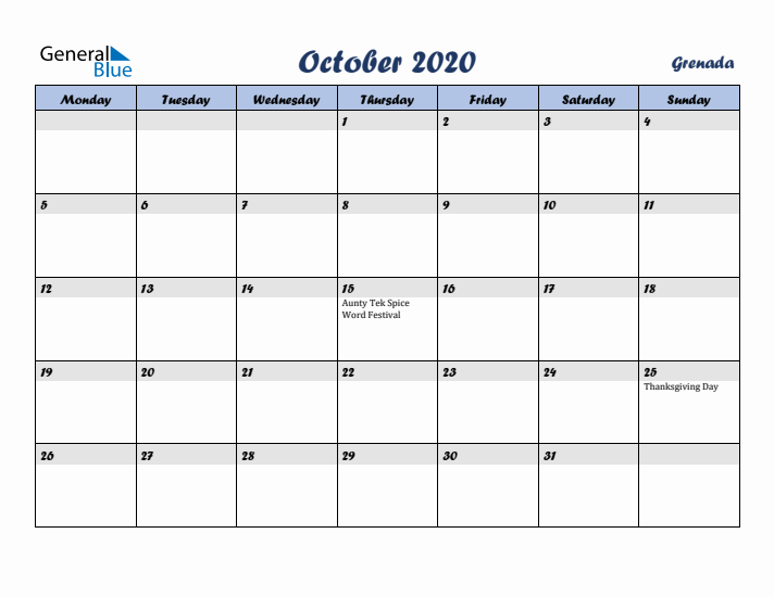 October 2020 Calendar with Holidays in Grenada