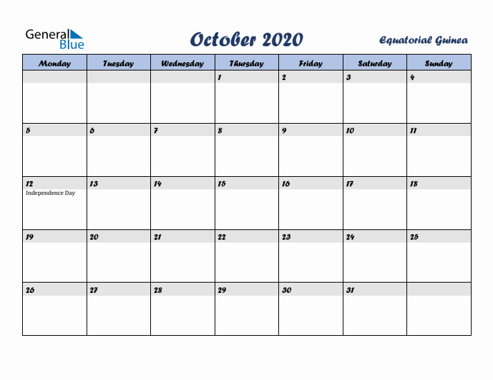 October 2020 Calendar with Holidays in Equatorial Guinea