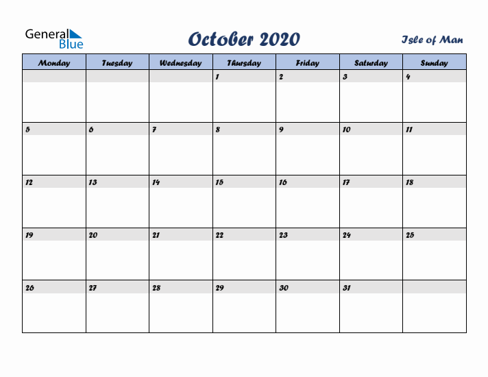 October 2020 Calendar with Holidays in Isle of Man