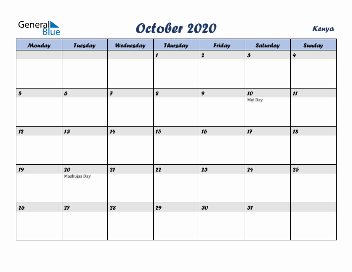 October 2020 Calendar with Holidays in Kenya