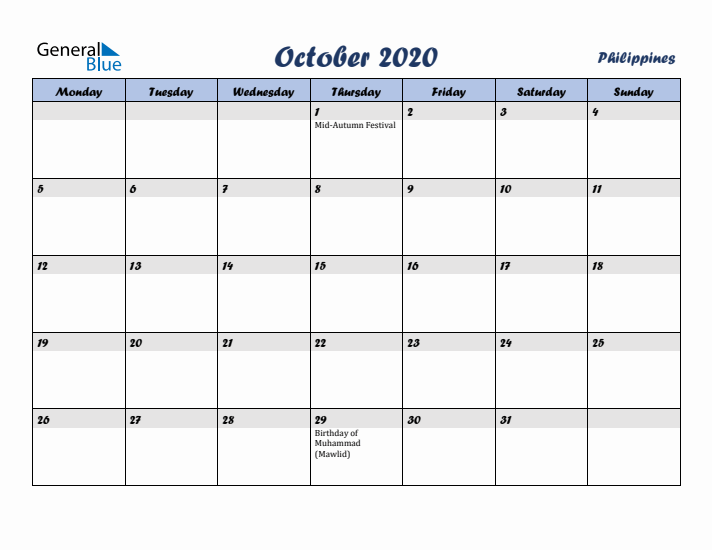 October 2020 Calendar with Holidays in Philippines