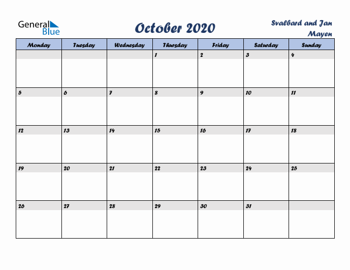 October 2020 Calendar with Holidays in Svalbard and Jan Mayen