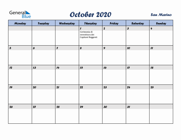 October 2020 Calendar with Holidays in San Marino