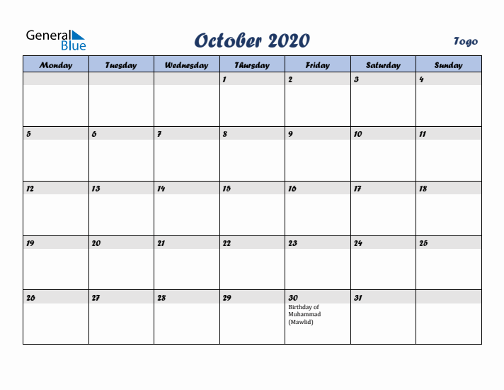 October 2020 Calendar with Holidays in Togo