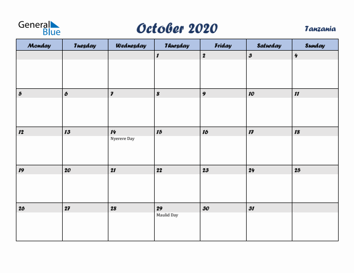 October 2020 Calendar with Holidays in Tanzania