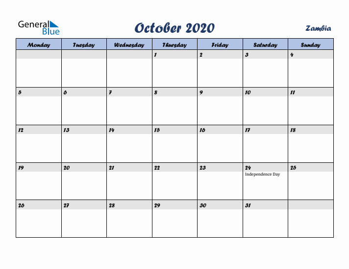 October 2020 Calendar with Holidays in Zambia