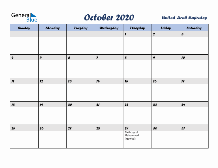 October 2020 Calendar with Holidays in United Arab Emirates