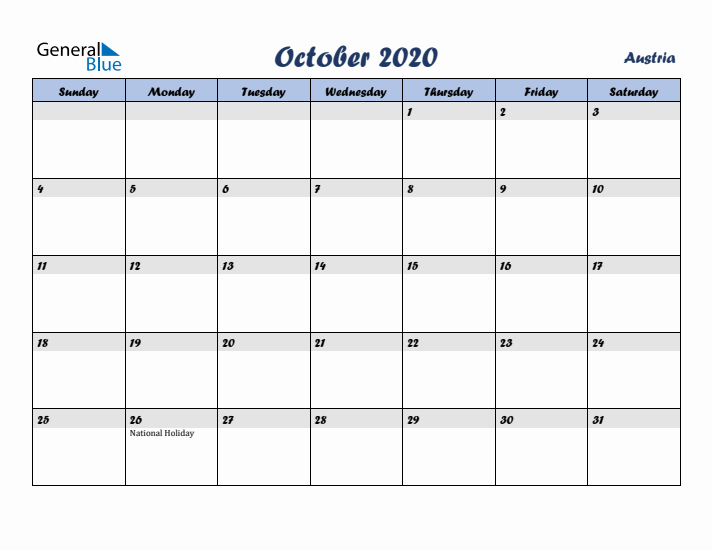 October 2020 Calendar with Holidays in Austria