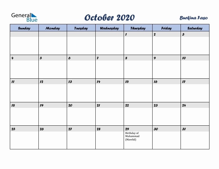 October 2020 Calendar with Holidays in Burkina Faso