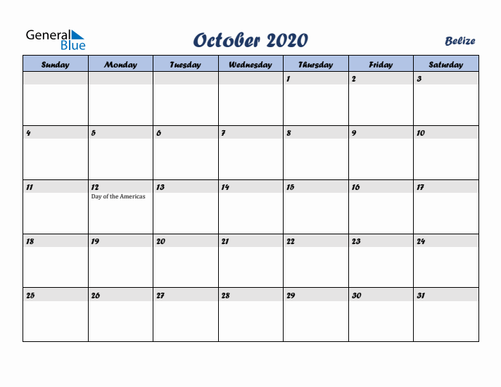 October 2020 Calendar with Holidays in Belize