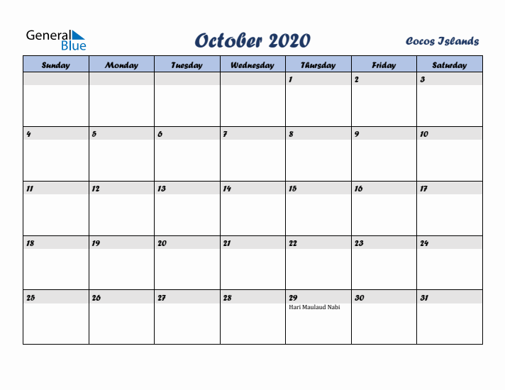 October 2020 Calendar with Holidays in Cocos Islands