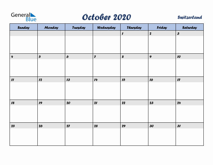 October 2020 Calendar with Holidays in Switzerland