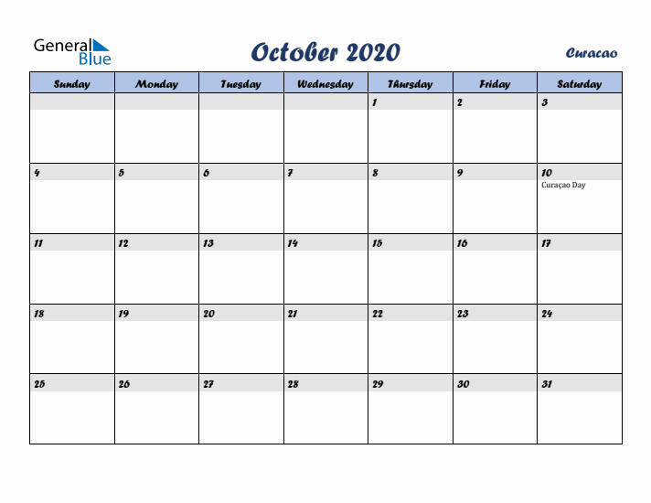 October 2020 Calendar with Holidays in Curacao