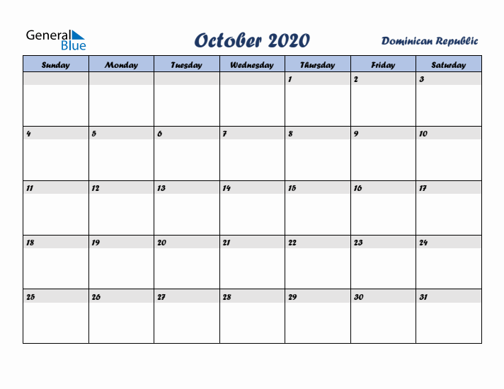 October 2020 Calendar with Holidays in Dominican Republic