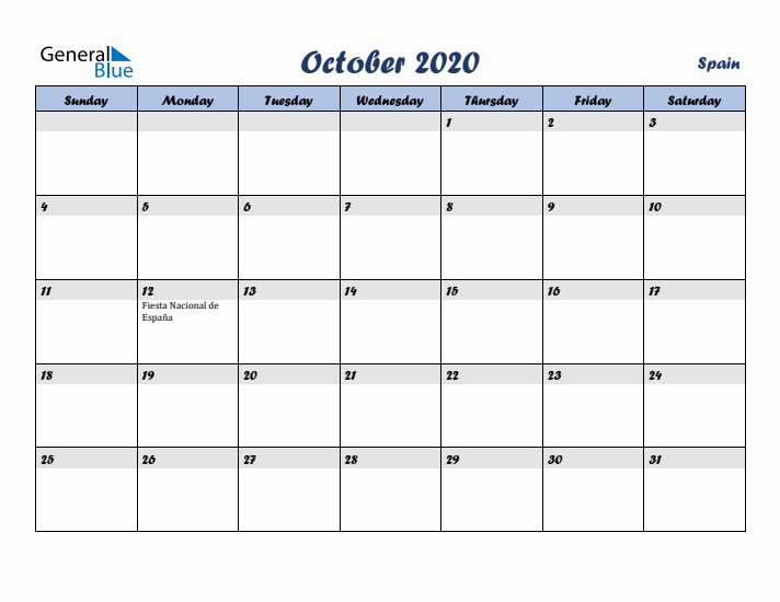 October 2020 Calendar with Holidays in Spain