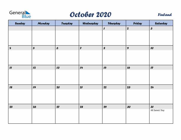 October 2020 Calendar with Holidays in Finland