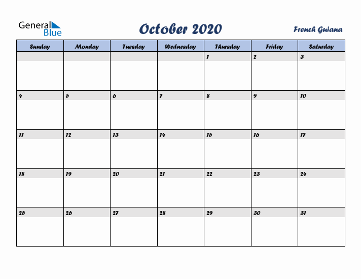 October 2020 Calendar with Holidays in French Guiana