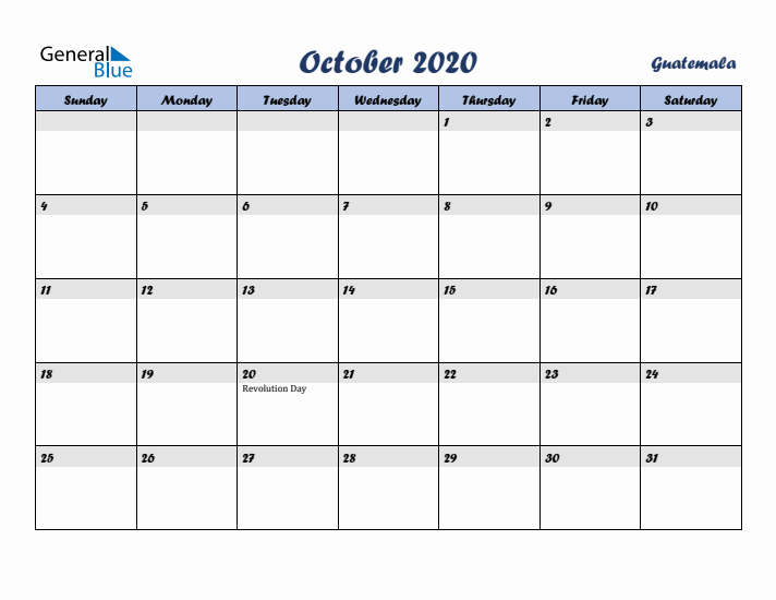 October 2020 Calendar with Holidays in Guatemala