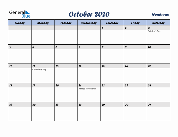 October 2020 Calendar with Holidays in Honduras