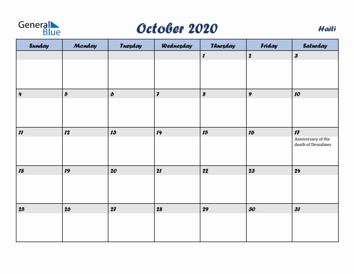 October 2020 Calendar with Holidays in Haiti