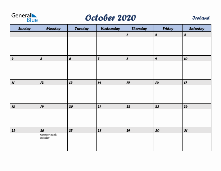 October 2020 Calendar with Holidays in Ireland