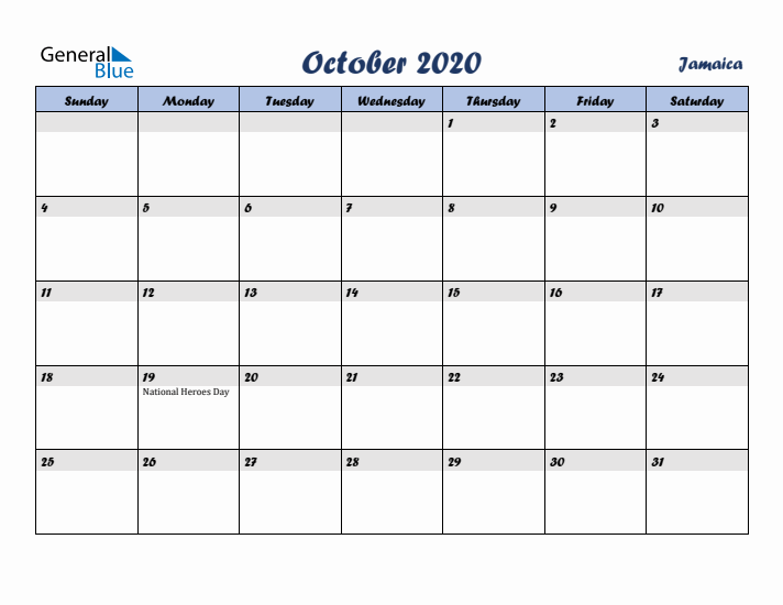 October 2020 Calendar with Holidays in Jamaica