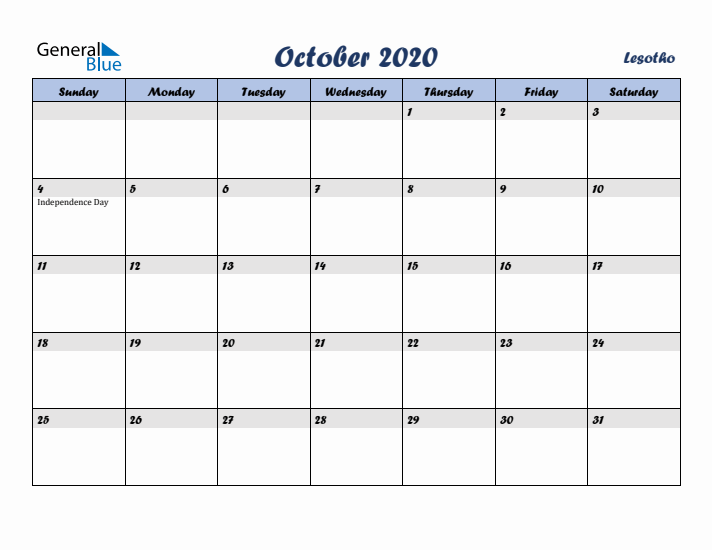 October 2020 Calendar with Holidays in Lesotho