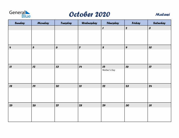 October 2020 Calendar with Holidays in Malawi