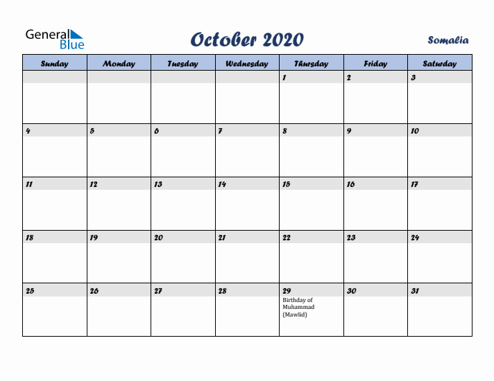 October 2020 Calendar with Holidays in Somalia