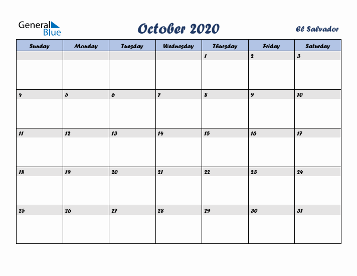 October 2020 Calendar with Holidays in El Salvador