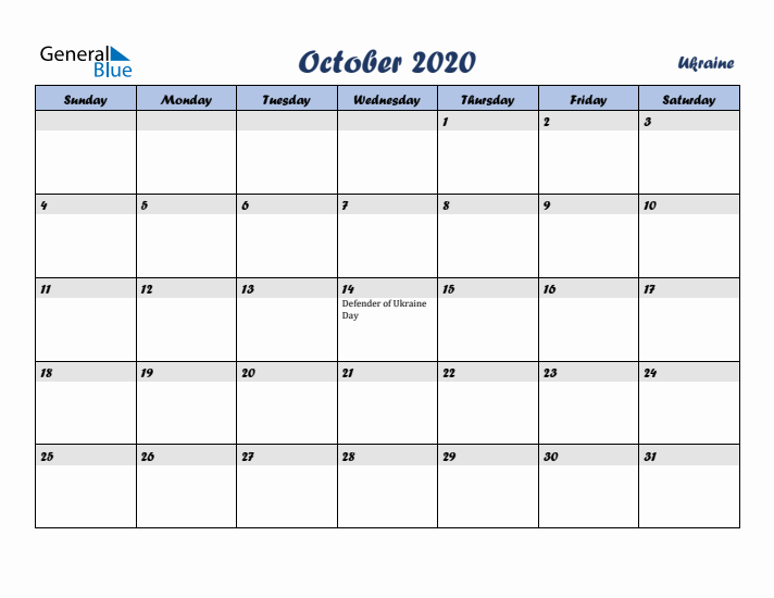 October 2020 Calendar with Holidays in Ukraine