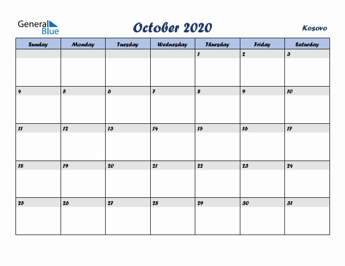 October 2020 Calendar with Holidays in Kosovo