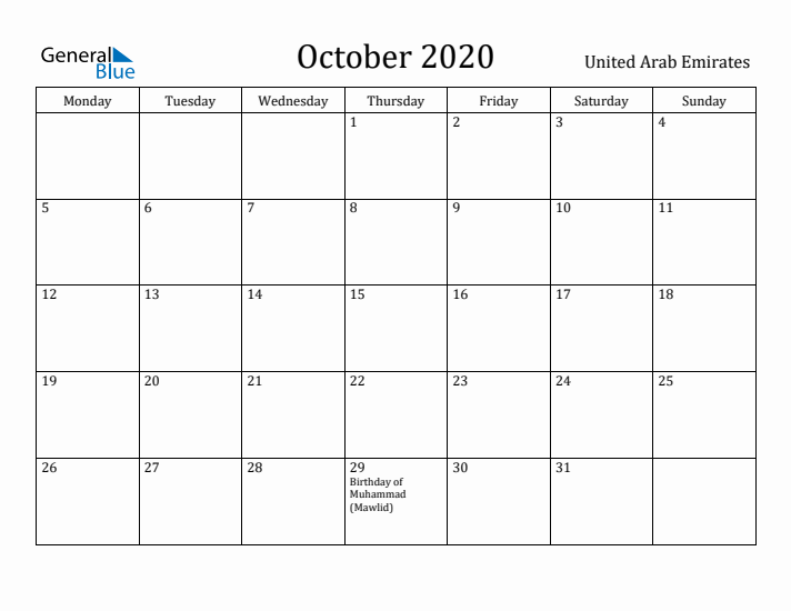 October 2020 Calendar United Arab Emirates