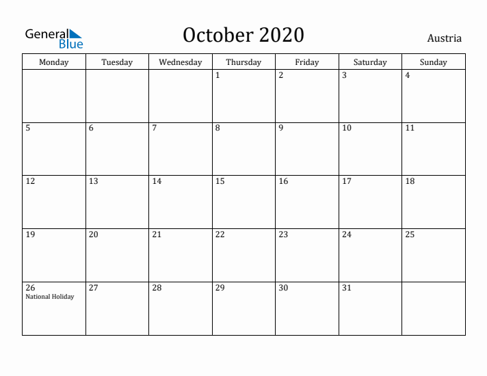 October 2020 Calendar Austria