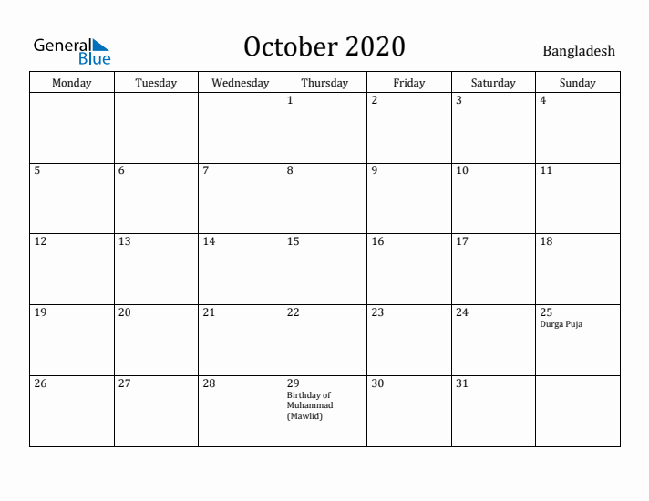 October 2020 Calendar Bangladesh