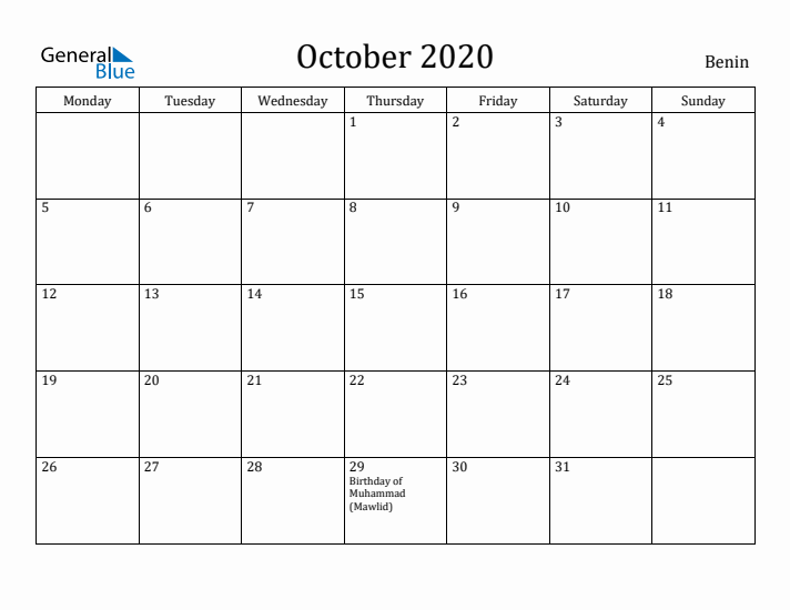 October 2020 Calendar Benin