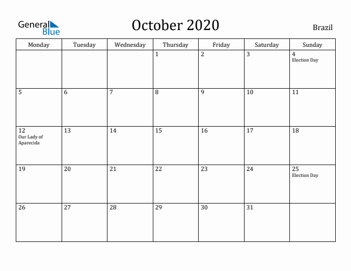 October 2020 Calendar Brazil