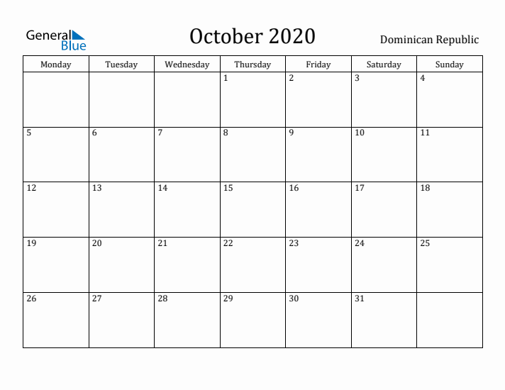 October 2020 Calendar Dominican Republic