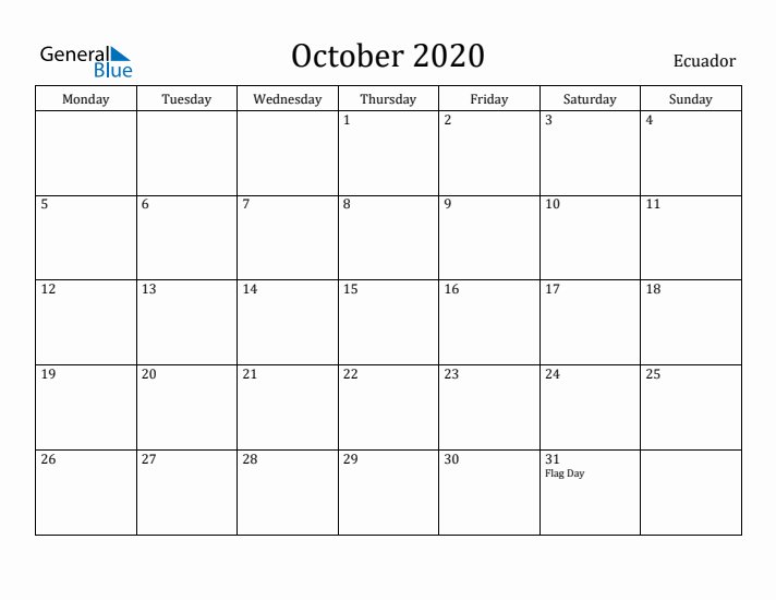 October 2020 Calendar Ecuador