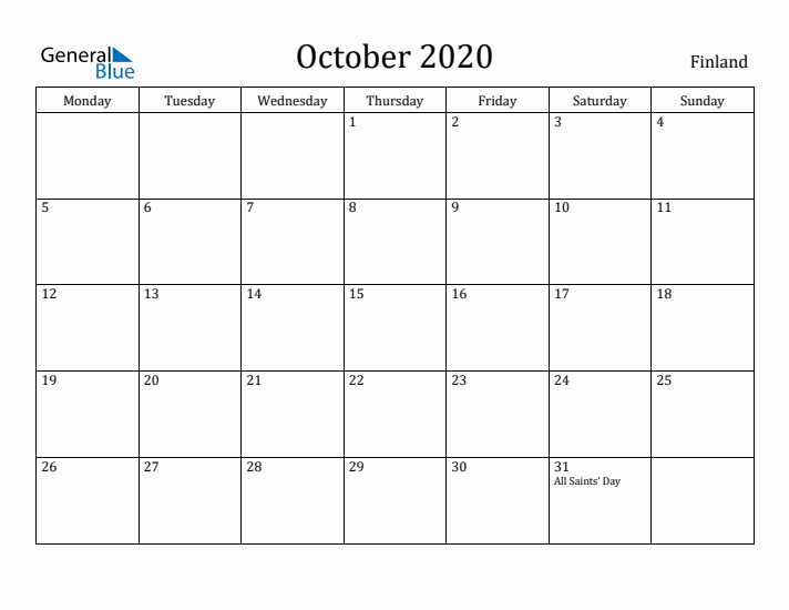 October 2020 Calendar Finland