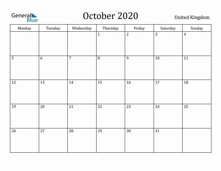 October 2020 Calendar United Kingdom