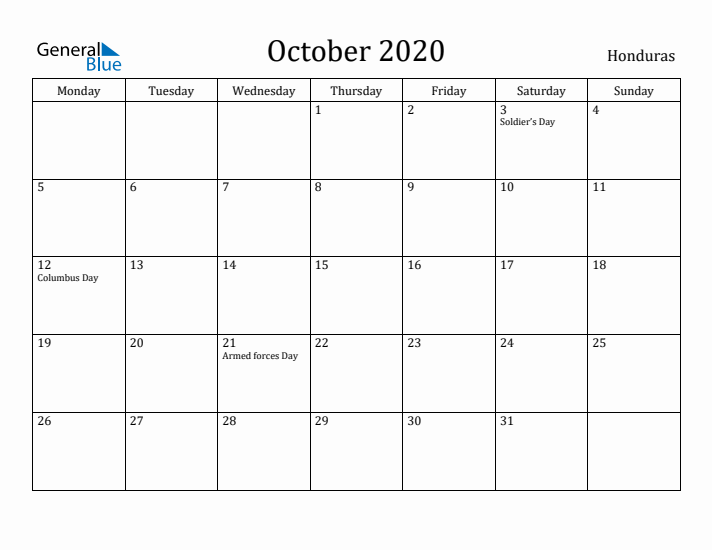 October 2020 Calendar Honduras