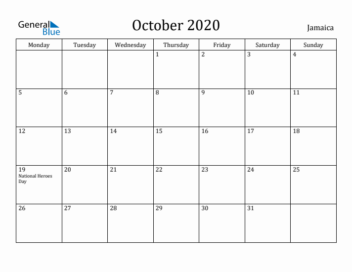 October 2020 Calendar Jamaica