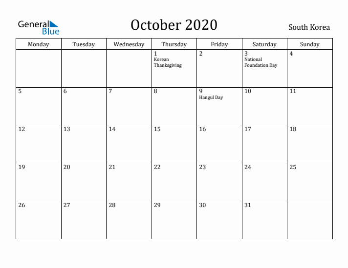 October 2020 Calendar South Korea