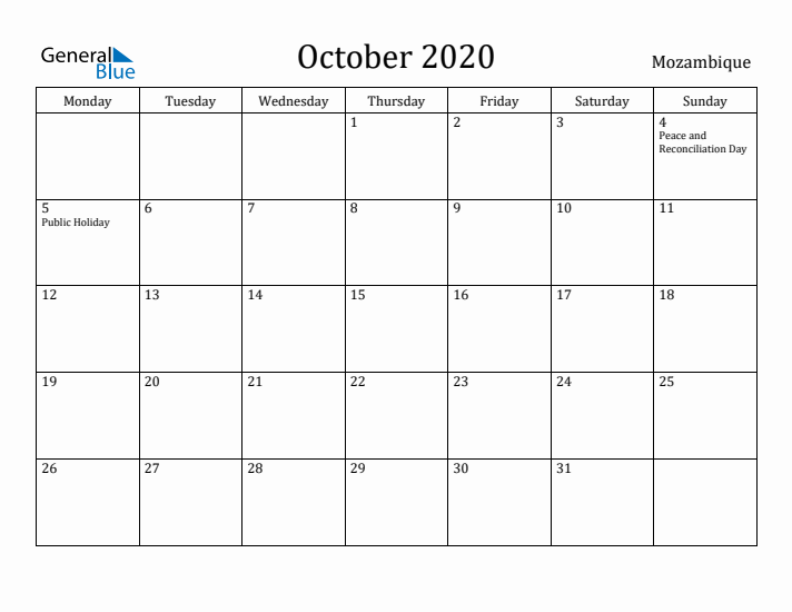 October 2020 Calendar Mozambique