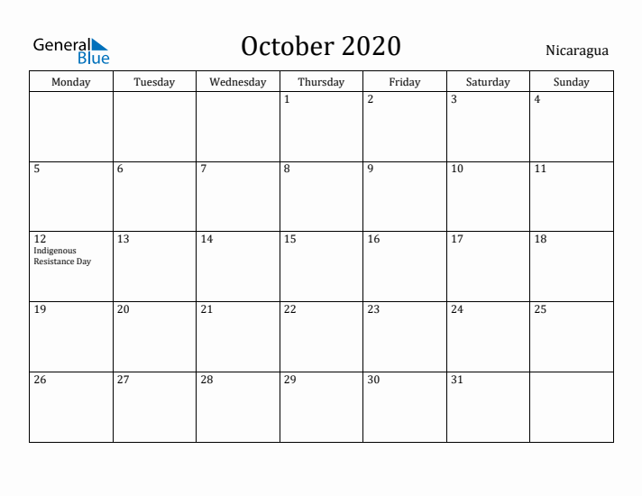 October 2020 Calendar Nicaragua