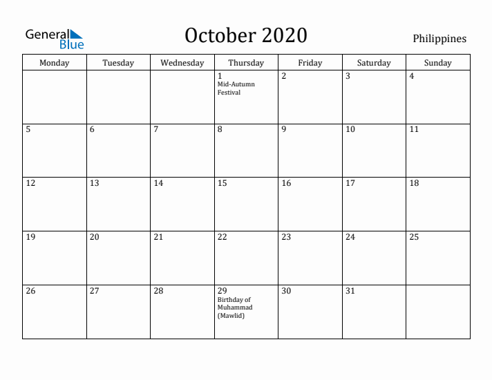 October 2020 Calendar Philippines