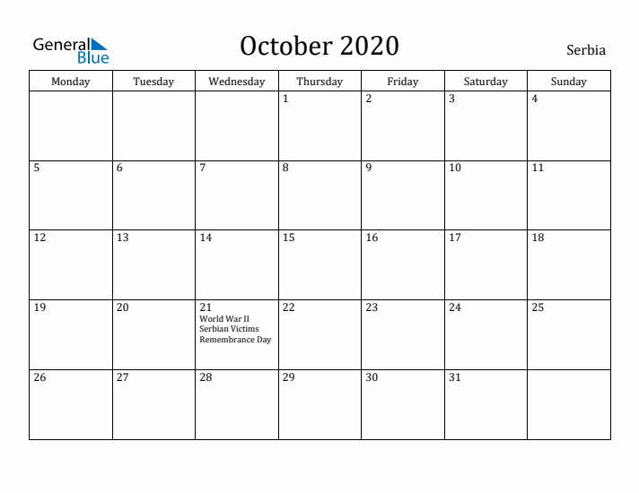 October 2020 Calendar Serbia