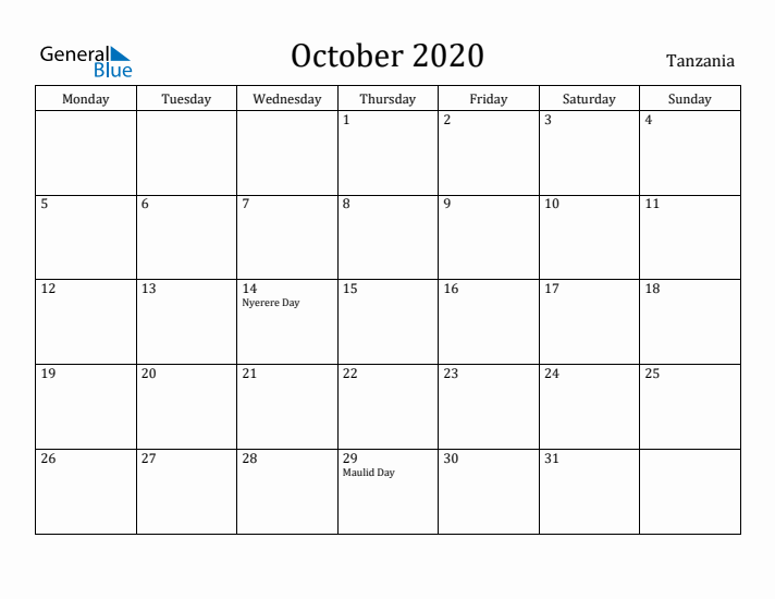 October 2020 Calendar Tanzania