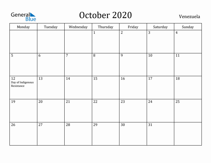 October 2020 Calendar Venezuela